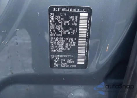 2012 Nissan Quest Sv from USA, damaged, VIN JN8AE2KP1C9037753